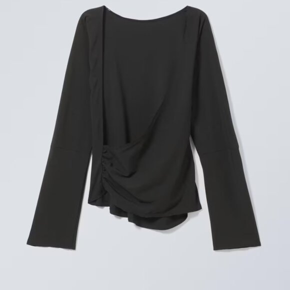 Weekday Black Derya Open Back Oversized Asymmetric Ruched Long Sleeve Top 2 XS - Picture 9 of 10